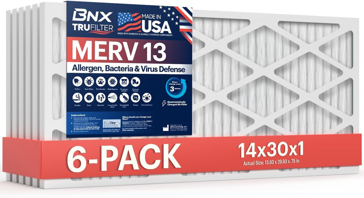 BNX TruFilter 20x20x1 Air Filter MERV 13 AC Filter, HVAC Furnace Filter, 6 Pack (ACTUAL SIZE 19.69"x19.69"x0.75") Allergies, Dust, Pet Dander & Smoke - MADE IN USA - MPR1500 / FPR 10