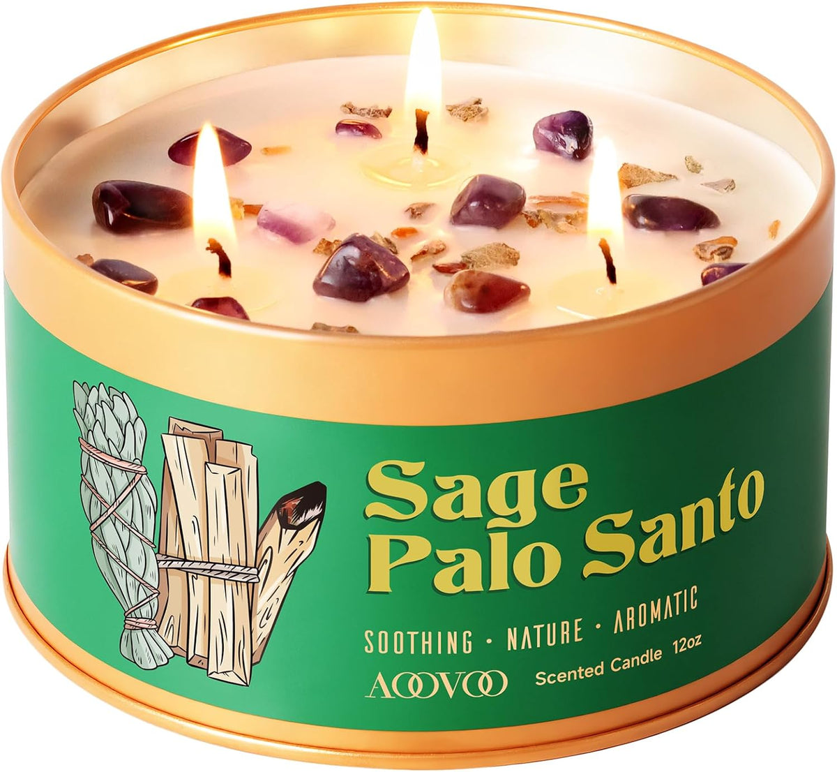 AOOVOO Sage Candle for Cleansing - 3 Wick 12oz Large Scented Candle with Crystals & Sage Leaves Inside, Soy Candles Non Toxic for Meditation Spiritual Gift, Aromatherapy Candle for Women Men