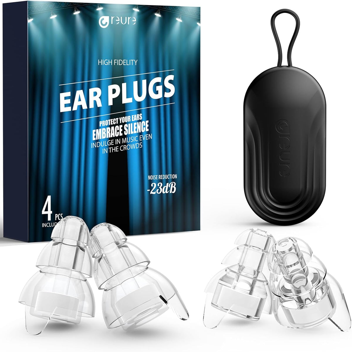 Reure High Fidelity Concert Ear Plugs, Noise Cancelling Silicone Ear Plugs 2 Pairs Great for Concerts Loud Music, Musicians, Motorcycles, Airplanes, Raves, Hearing Protection -23 dB