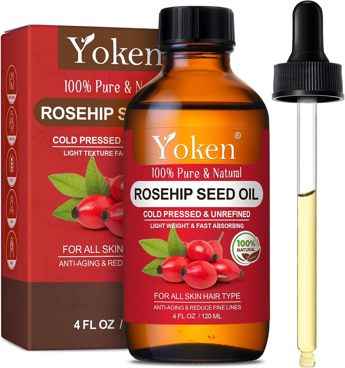 Yoken Organic Rosehip Seed Oil for Face, Skin & Hair, Cold Pressed, 2 fl oz