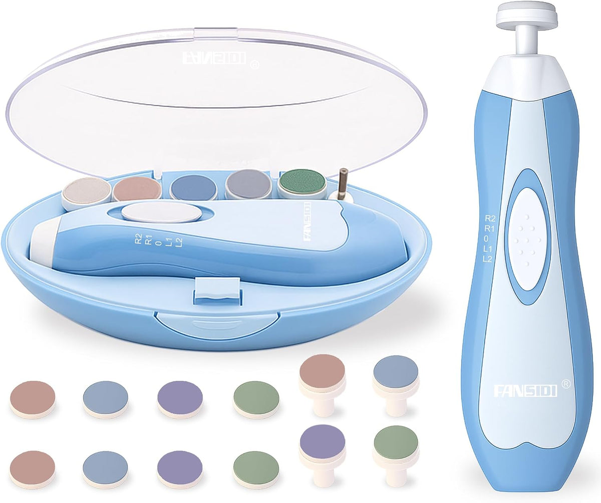 Fansidi Baby Nail Trimmer Electric, Easy & Safe Nail File for Newborn Infant Toddler, Whisper-Quiet Nighttime Use, 4-Stage Age-Matched Grinding Heads, LED Light, 18-Piece Kit, Blue, Baby Shower Gift