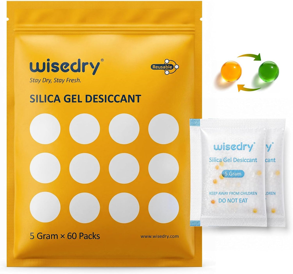 wisedry 2 x 500 Gram See-Through Silica Gel Packets, Color-Indicating Desiccant Packs for Storage, Reusable Gun Safe Dehumidifier, Rechargeable Car Dehumidifier Bag