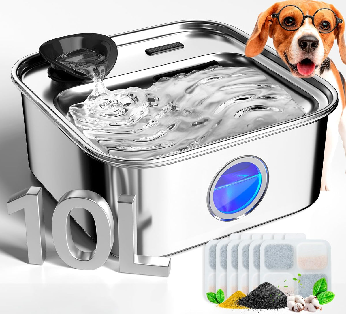 oneisall 10L/2.6Gal Dog Water Fountain for Large Dogs (with 2 Filters) | Deeper & Wider Drinking Area, Visualization Window & Triple Filtration,304 Stainless Steel Dog Water Bowl Dispenser
