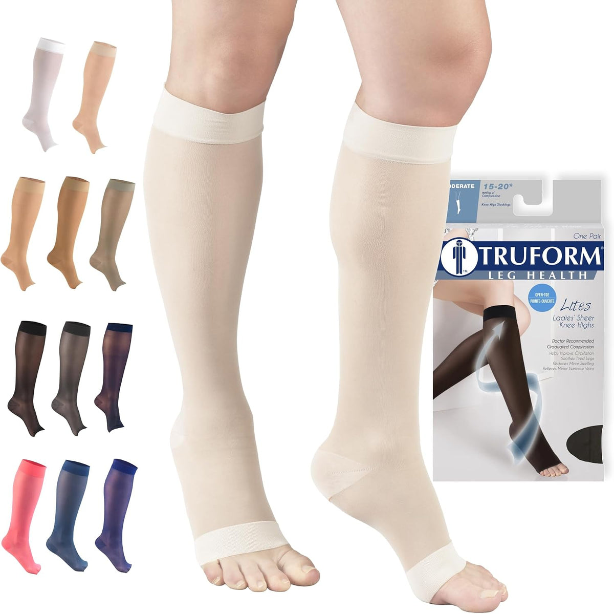 Truform Sheer Compression Stockings, 15-20 mmHg, Women's Knee High Length, Open Toe, 20 Denier, Medium
