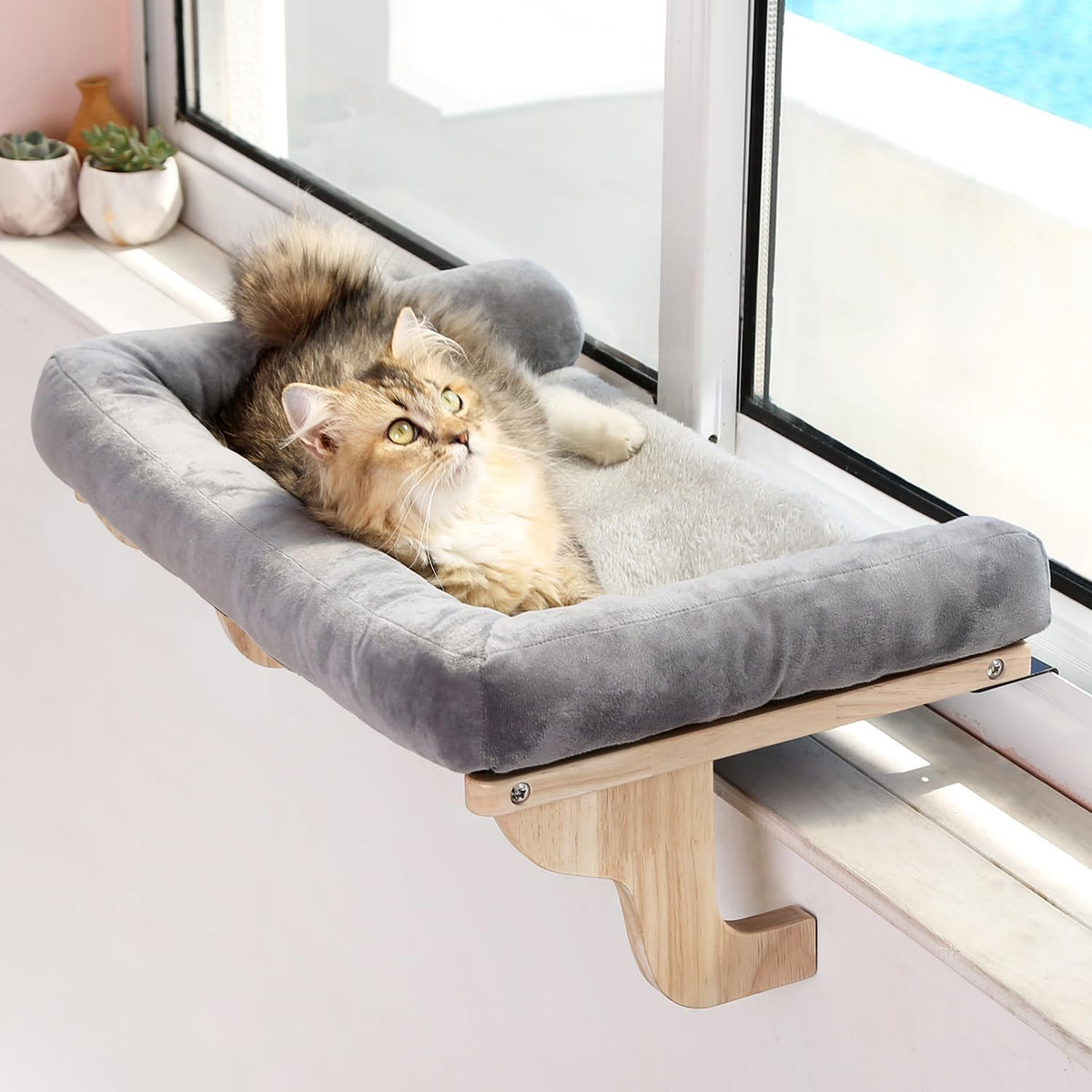 Zakkart Cat Perch for Windowsill with Bolsters (Natural Wood/Gray, L)