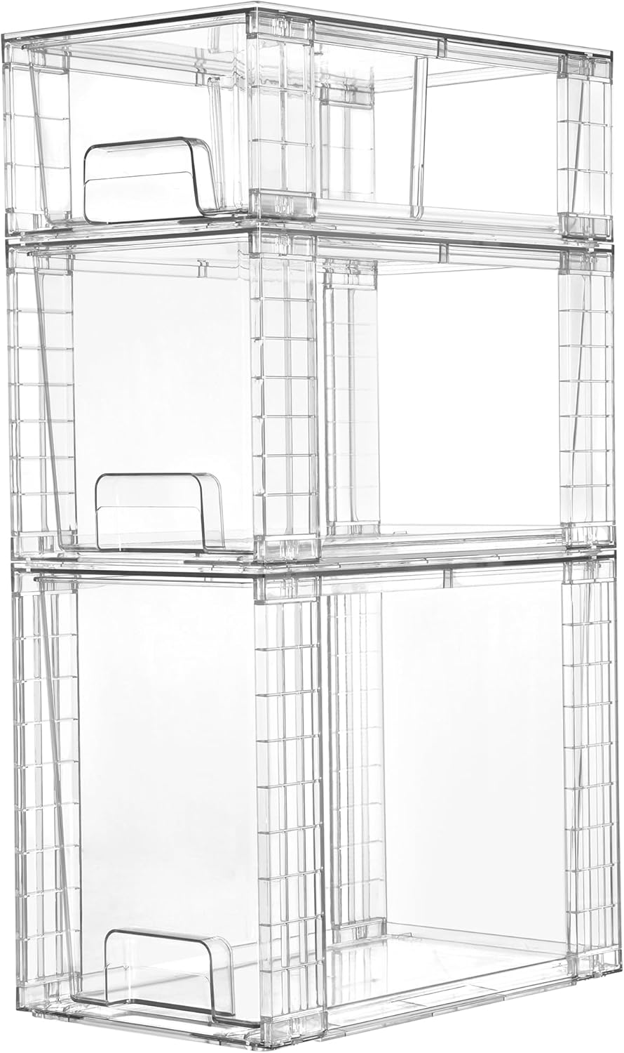 Vtopmart Clear Stackable Storage Drawers, 3 Pack Wide Organizer Set