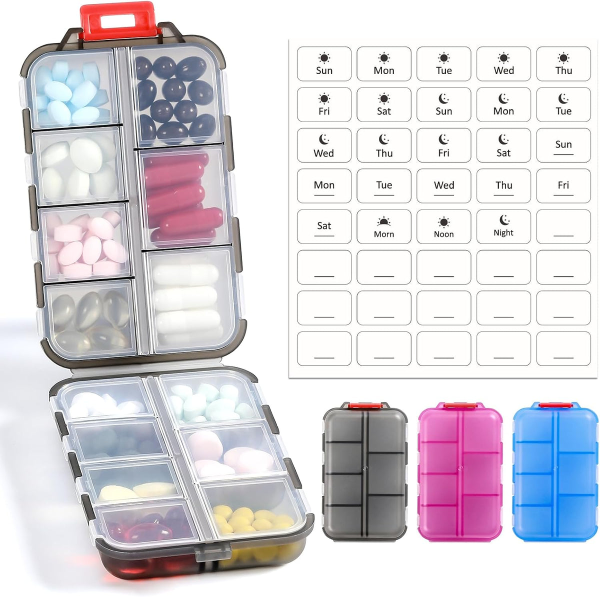 LANDNEOO 14 Grids Pill Organizer Box with Labels, Travel Medication Holder Dispenser Case Kit, Pocket Daily Pharmacy Container for Fish Oil Vitamin Supplement Storage, Khaki Pink Grey, 3 Pack