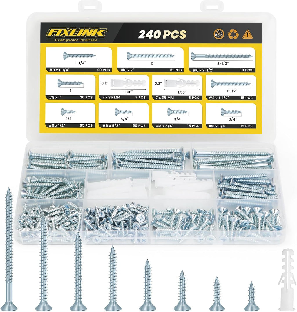 240PCS Wood Screws Assortment Kit, FIXLINK E-Coated Flat Head Screws Set
