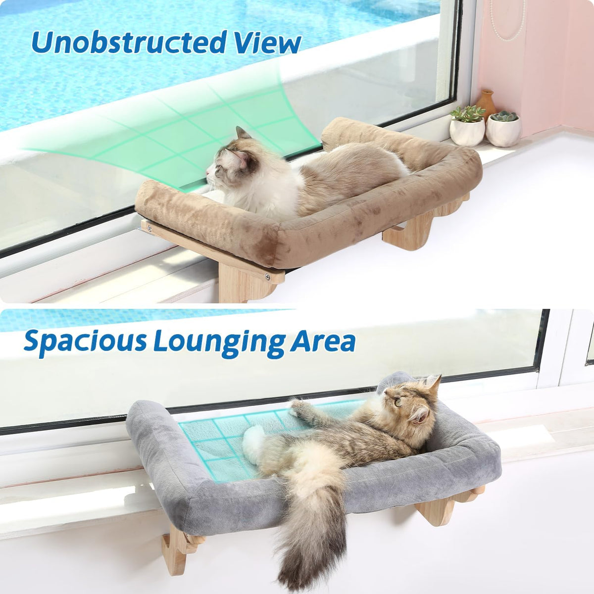 Zakkart Cat Perch for Windowsill with Bolsters (Natural Wood/Gray, L)