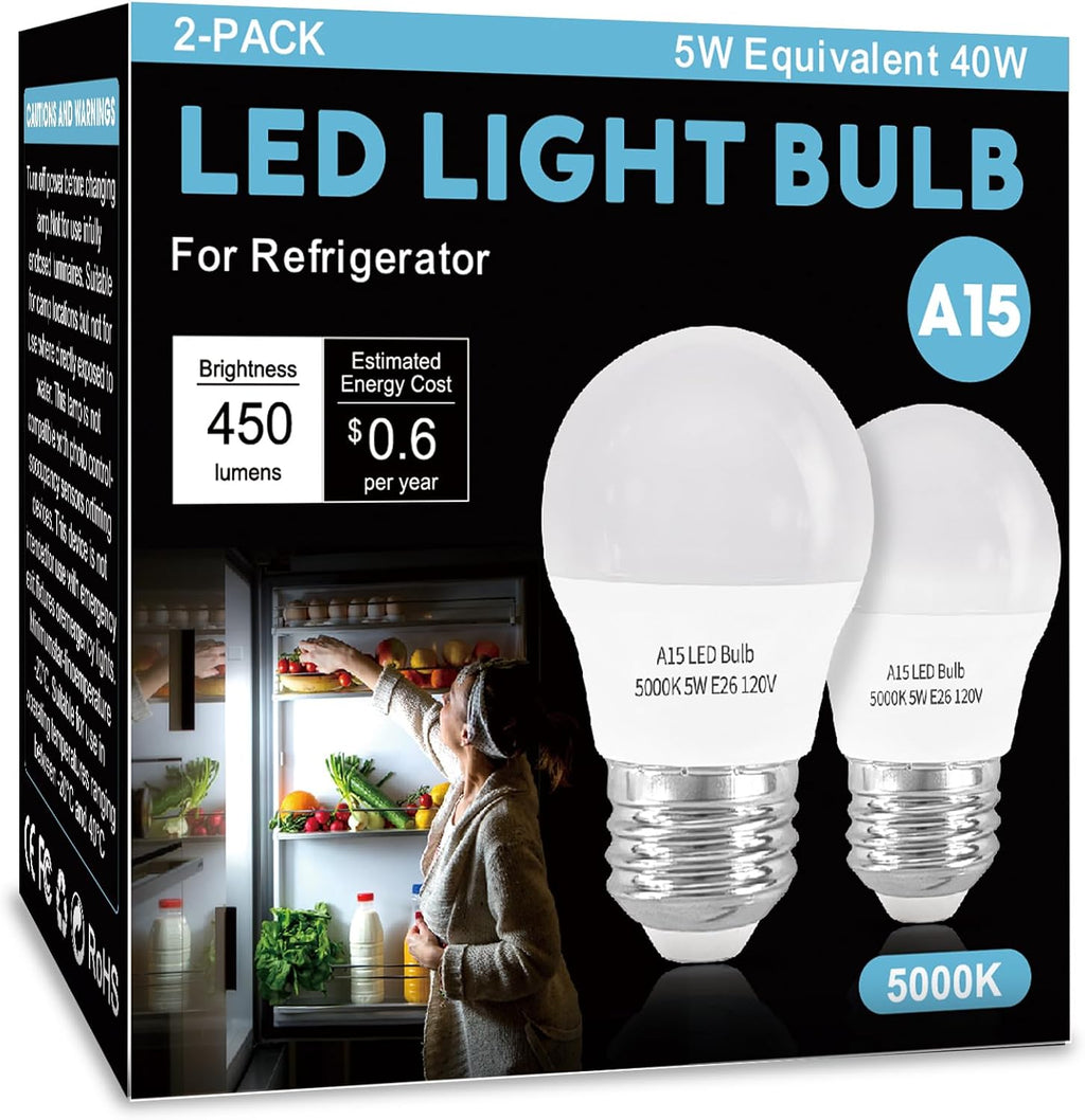 LED Refrigerator Light Bulb 2 Pack，Dimmable A15 5000K 40W Equivalent