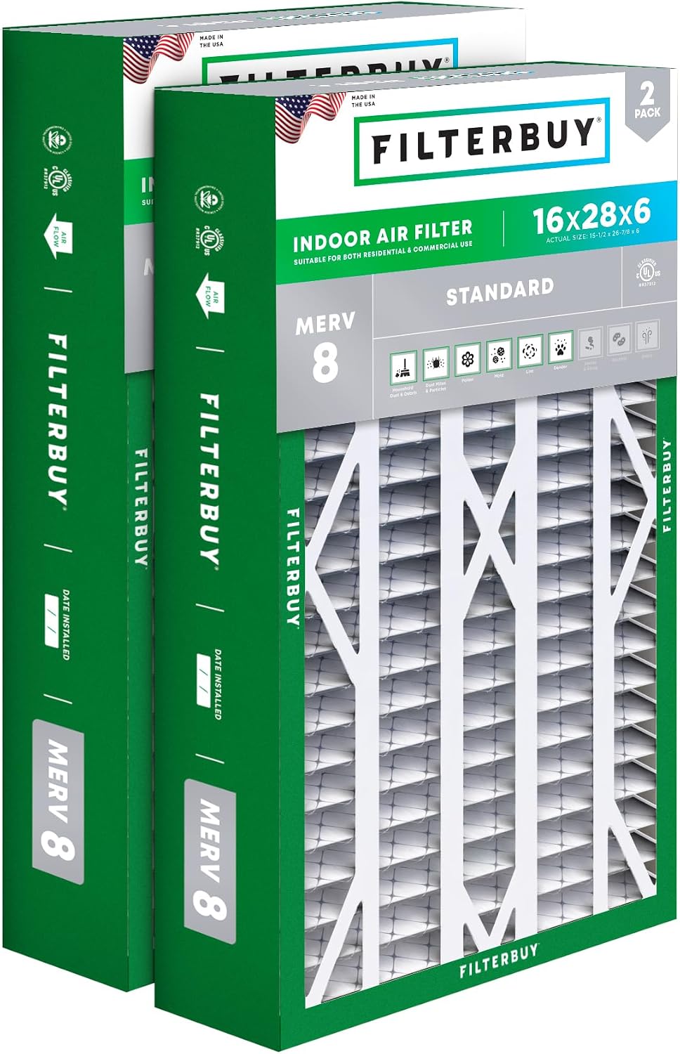 Filterbuy 20x25x5 Air Filter MERV 8 Dust & Allergy Defense (2-Pack)