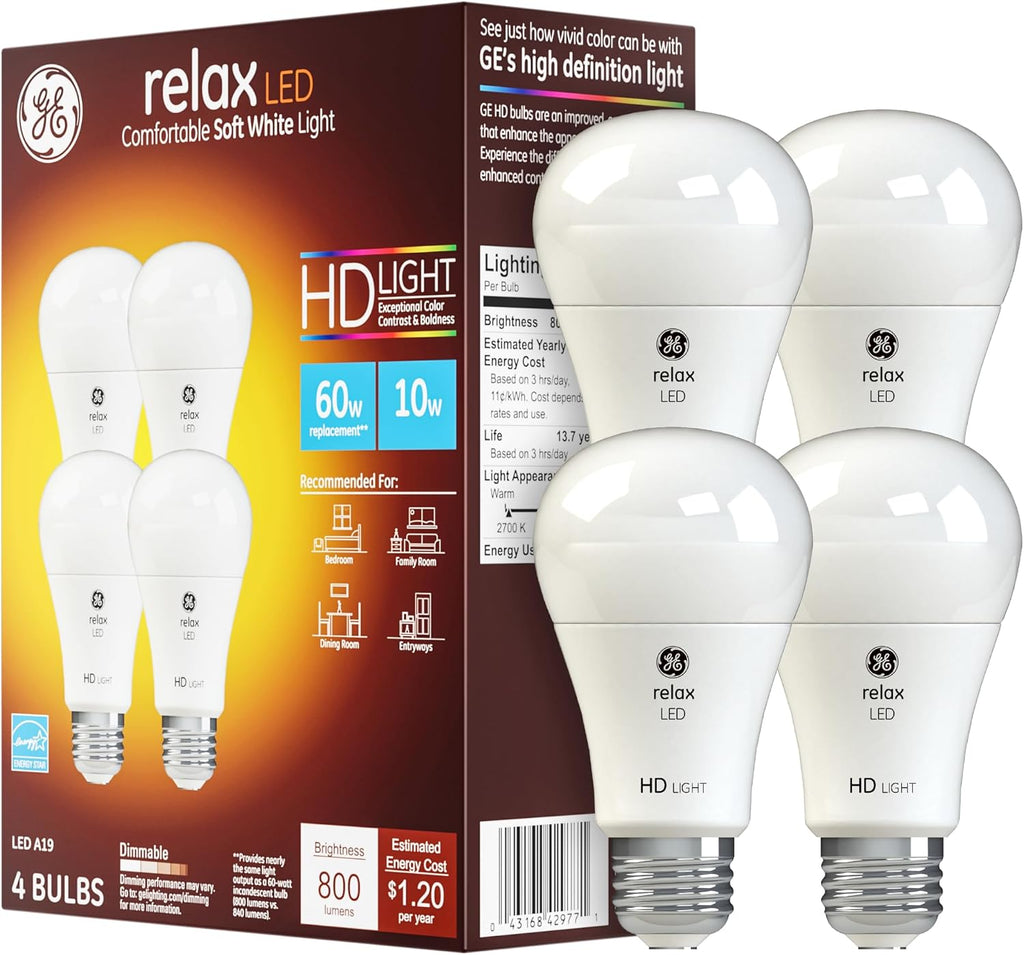 GE Relax LED Light Bulbs, 60 Watt, Soft White, A19 (4 Pack)