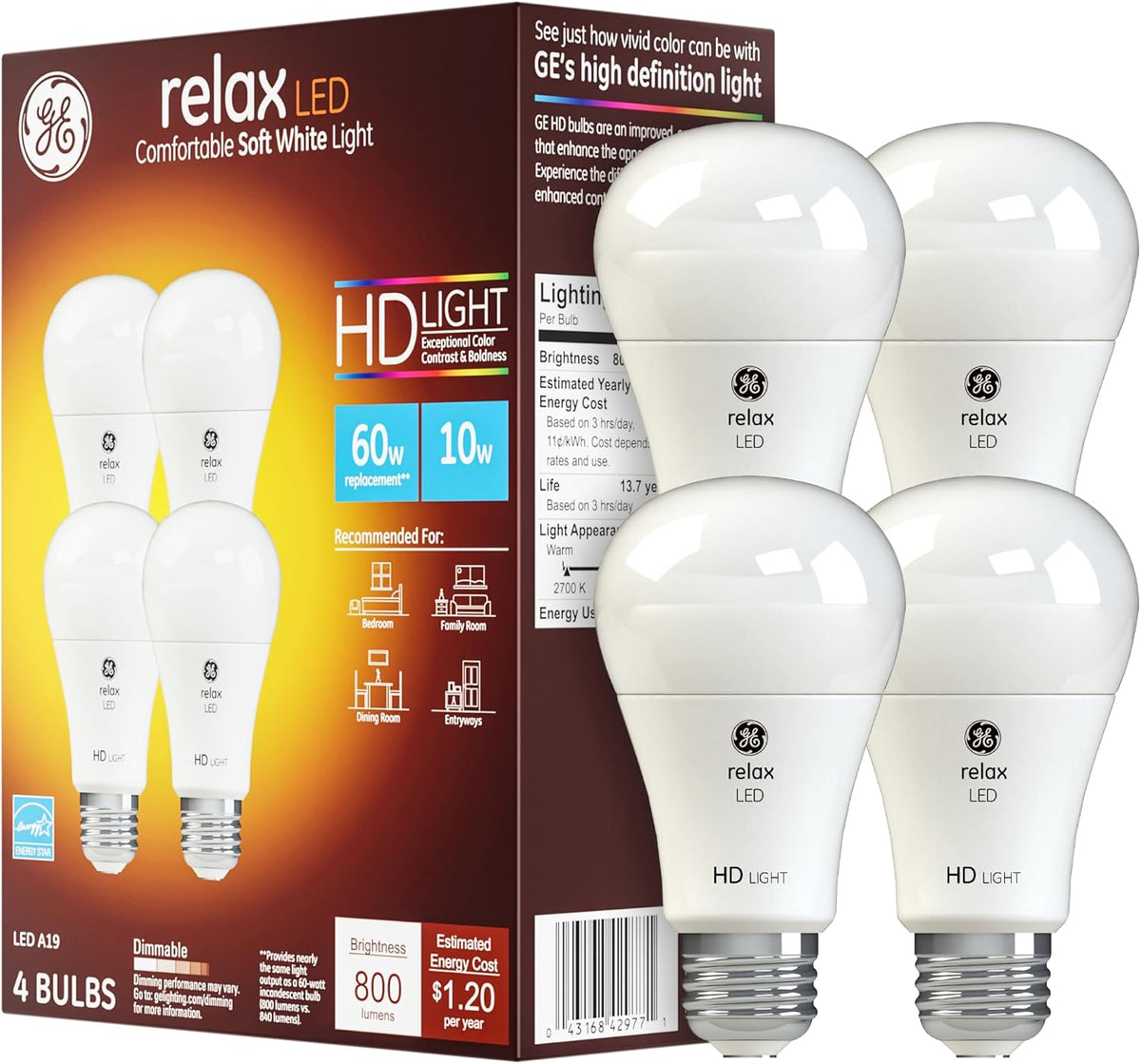 GE Relax LED Light Bulbs, 60 Watt, Soft White, A19 (4 Pack)