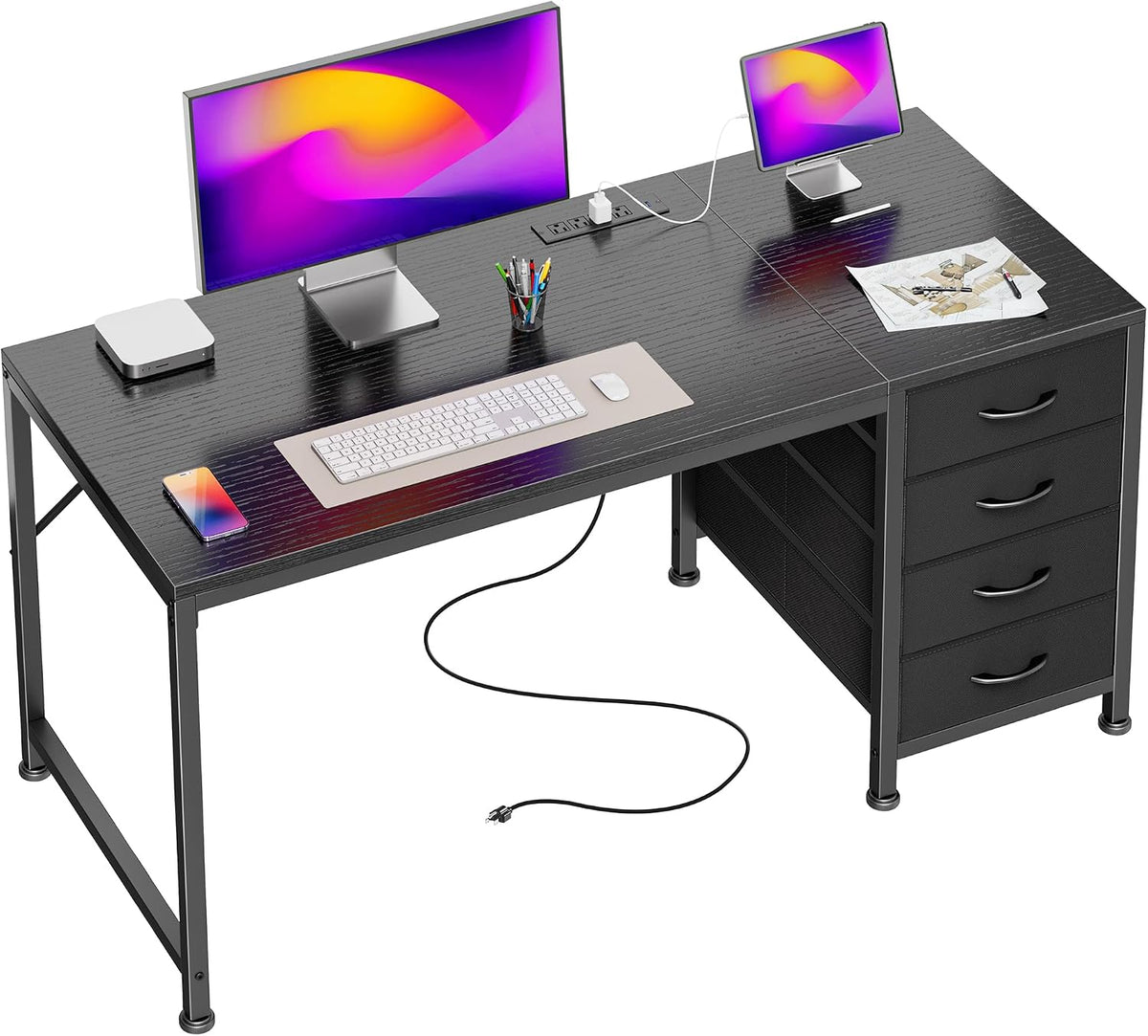 PRAISUN 55.1 Inch Computer Office Desk with Power Outelts and USB-C Port, Reversible Gaming Desk with 4 Fabric Drawers, Work Study Desk Work from Home, Rustic Brown