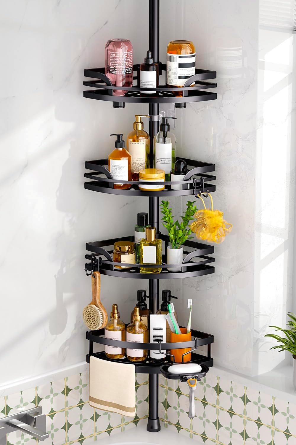 HAMITOR Shower Caddy Tension Pole: 4-Tier Adjustable Corner Organizer Black