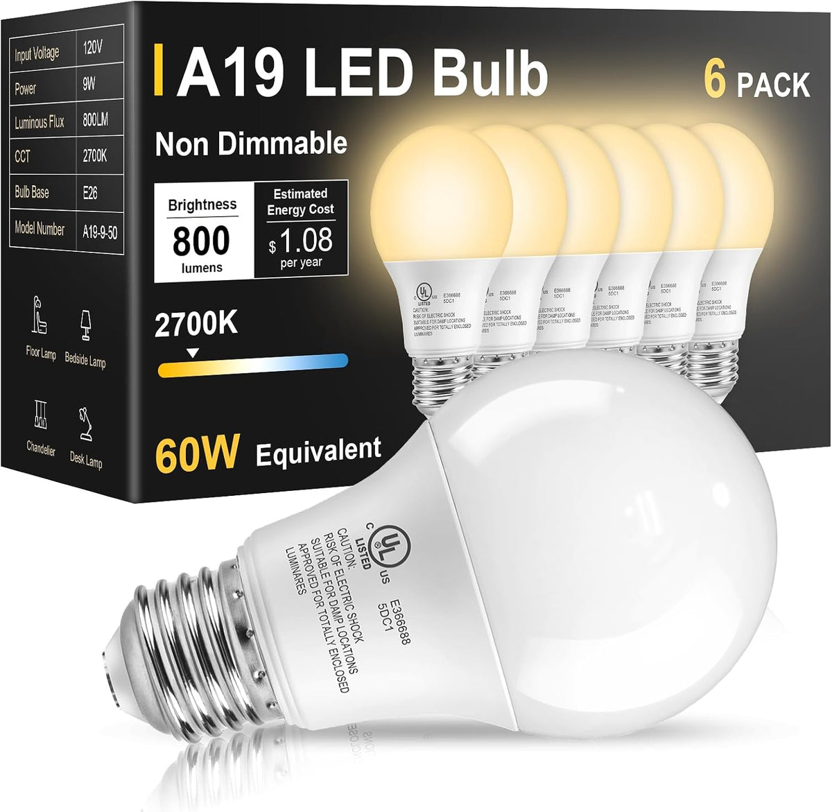 TJOY 6 Pack LED Light Bulbs 60 Watt Equivalent, Daylight White 5000K A19