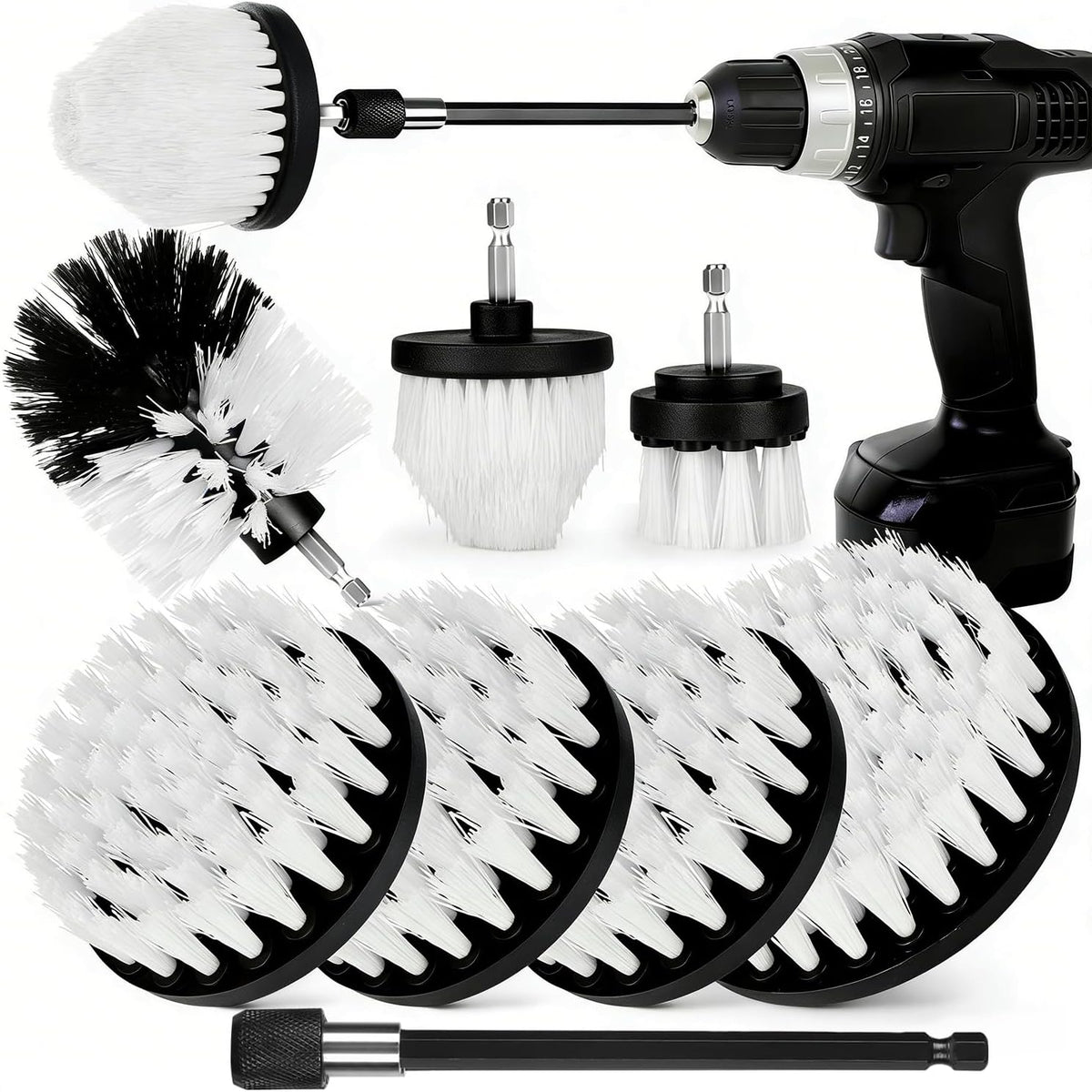 8 Pack Drill Brush Attachment Set, 1/4in Power Scrubber Brush+ Extend Long Rod, Brush Drill Attachment, Power Cleaning Scrub Brush for Bathroom, Tub, Tile, Corner, Floor