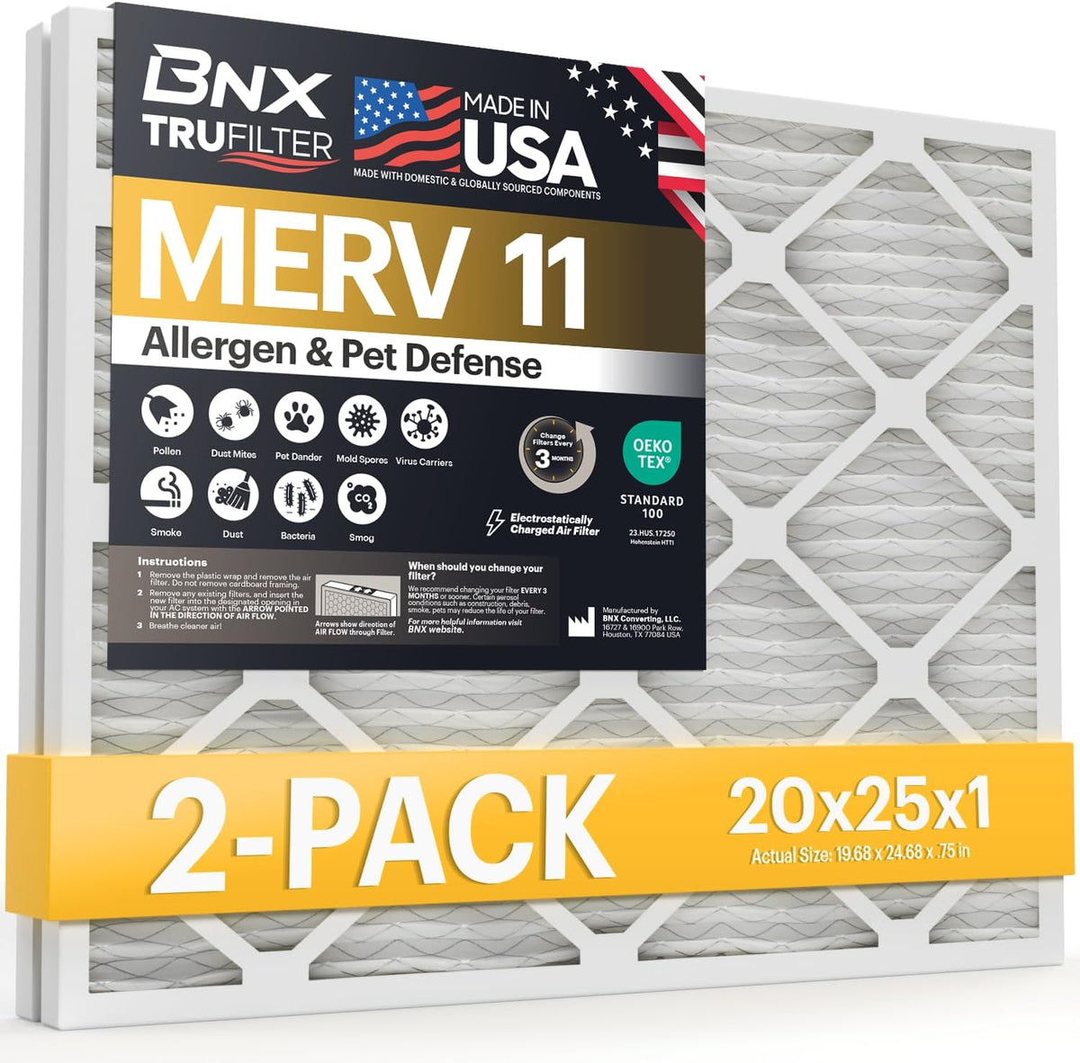 BNX TruFilter 20x20x1 Air Filter MERV 11 (6-Pack) - MADE IN USA - Allergen Defense Electrostatic Pleated Air Conditioner HVAC AC Furnace Filters for Allergies, Dust, Pet, Smoke, Allergy MPR 1200 FPR 7