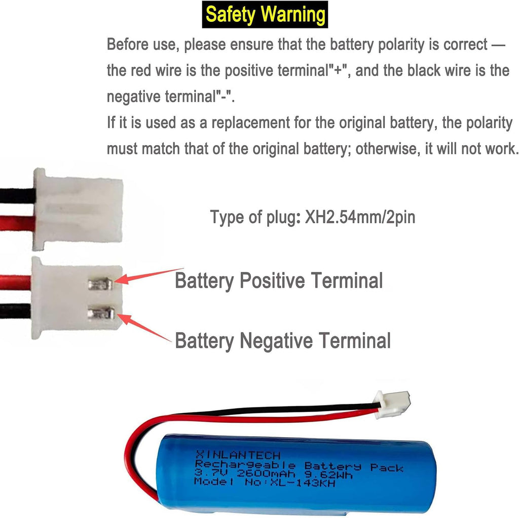 XINLANTECH 3.7V 2600mAh 18650 Rechargeable Li-ion Battery with Jst XH2.54/2P Connector Plug Wires for DIY Electronics, Toys, Lighting,Bluetooth Devices and More