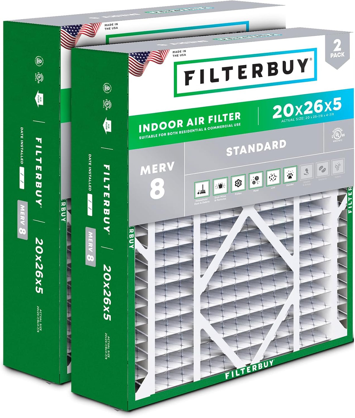 Filterbuy 20x25x5 Air Filter MERV 8 Dust & Allergy Defense (2-Pack)