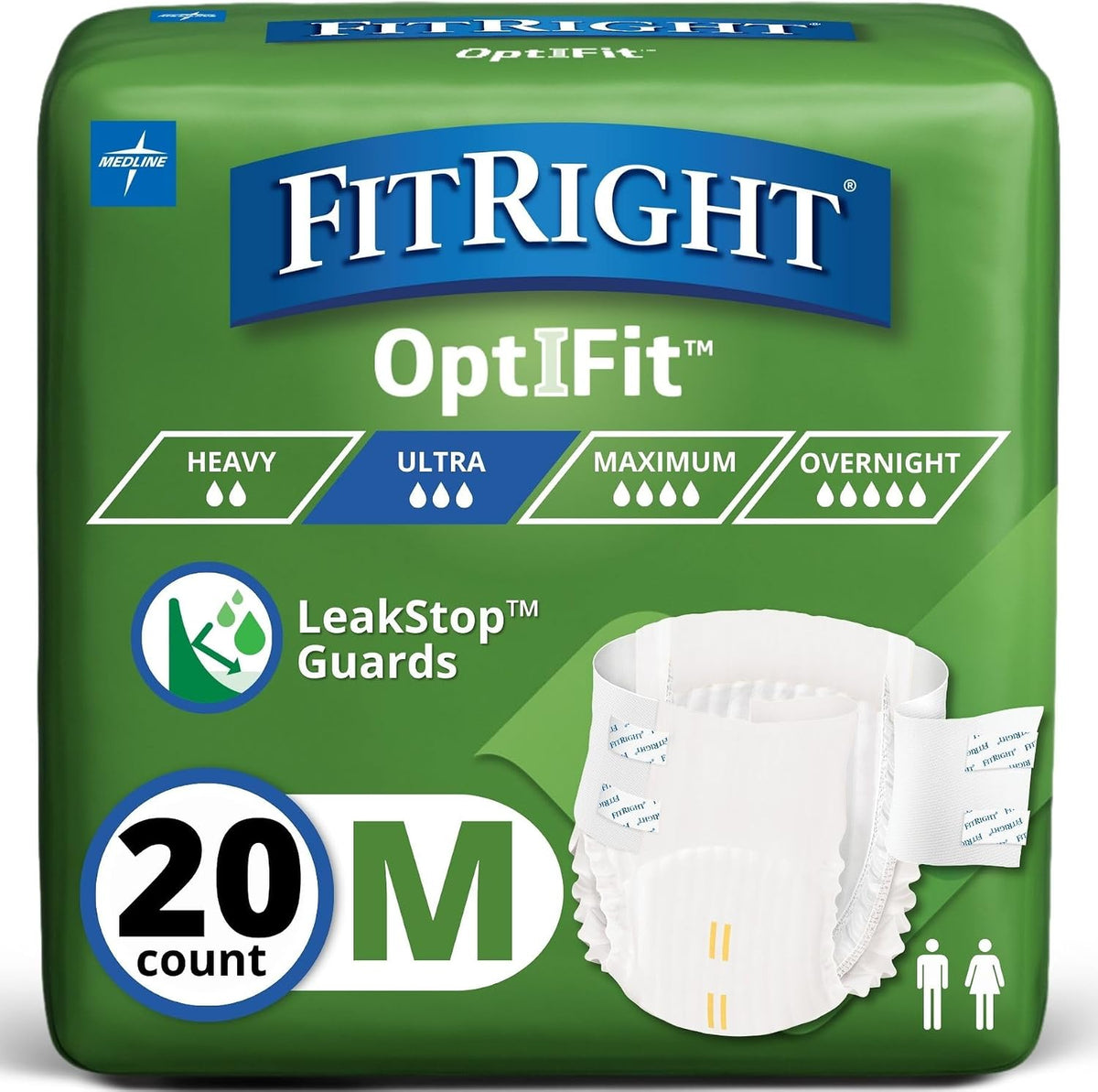 FitRight Adult Diapers, Ultra Heavy Absorbency, L (Waist Size 44in-56in), 20 Count, OptiFit Incontinence Briefs for Men and Women, Disposable, Moisture-Wicking, Leak Protection,