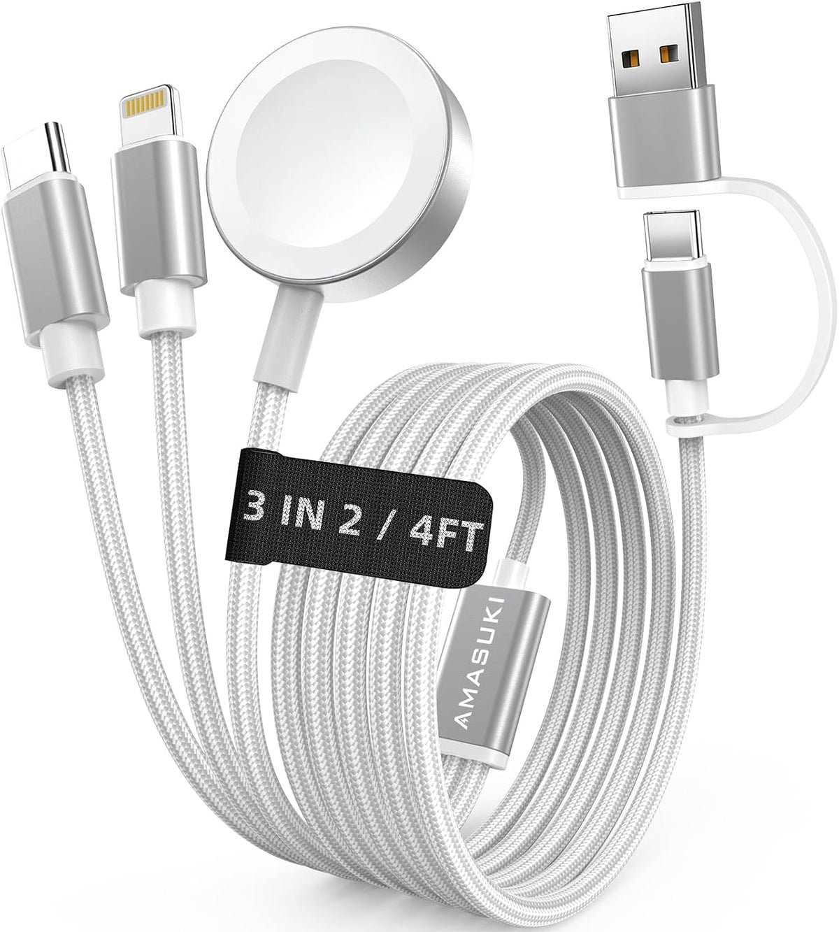 Travel Essentials,3 in 2 USB C Cable for Apple Watch Charger,iPhone Charger,Multi Charging Cable,Cruise Vacation Camping Essentials for iWatch Series 11-2/Ultra,iPhone 17-12,Car Accessories,Grey-6FT