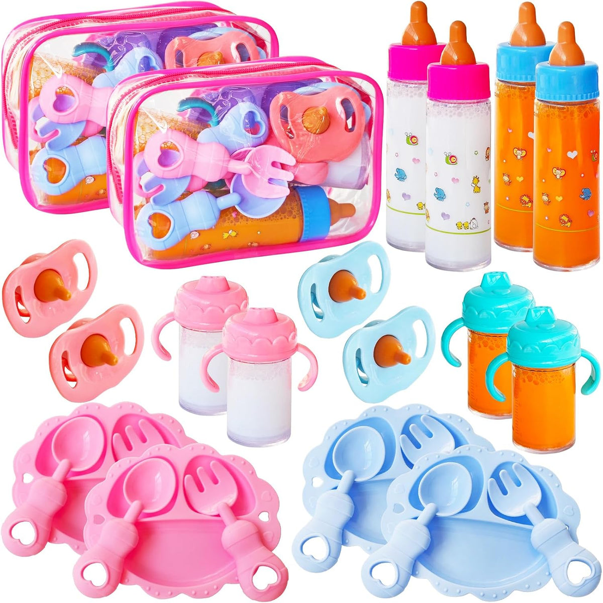 Woozettn 13 Pcs Baby Doll Accessories Magic Bottle Set,Pretend Play Feeding Toy Set with Package,Doll Feeding Set for Kids Girls,Magic Disappearing Juice Milk Bottles,Sippy Cups,Pacifiers,Bowl Spoons