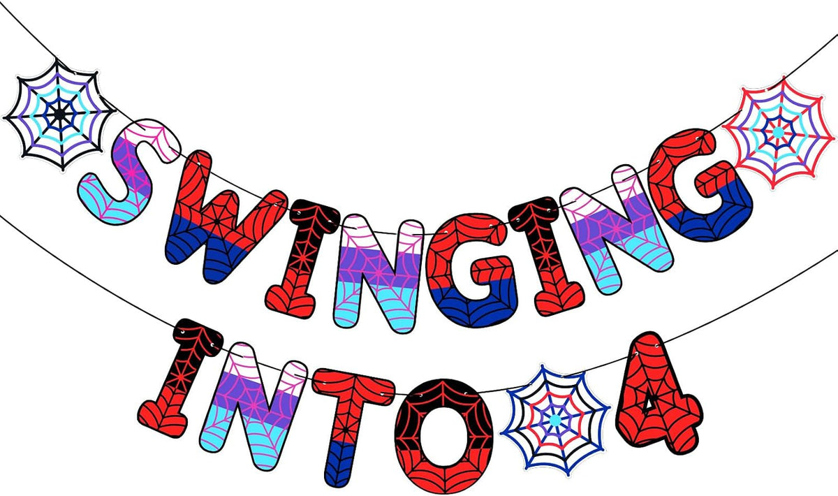 TaoBary Spider Theme 4th Birthday Banner Swinging into 4,Red and Blue