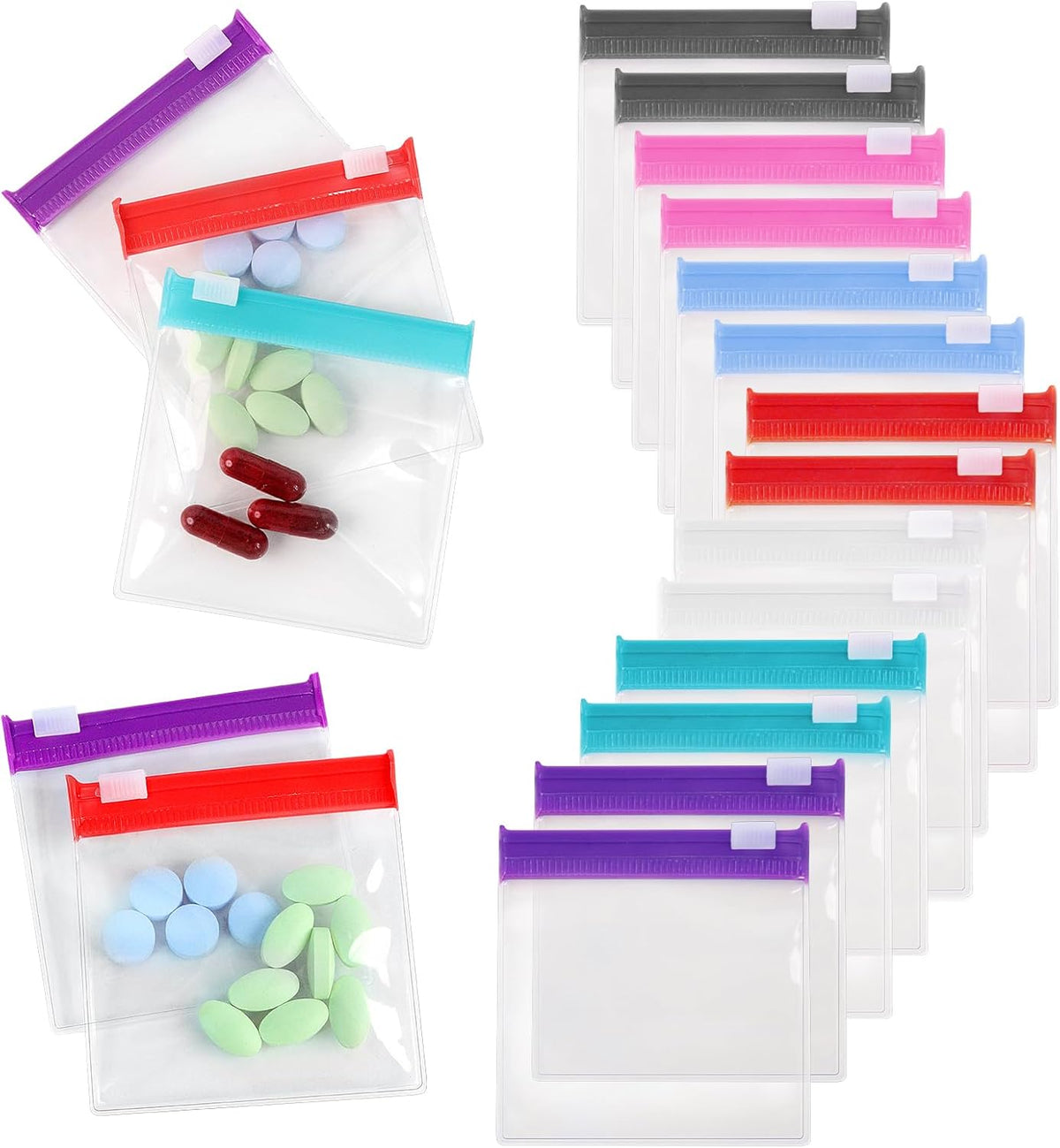 Reusable Zippered Pill Pouch with Slide Lock - 14 Piece Set in 7 Colors - Travel Pill Case for Medicine, Qtips & Small Items - Compact Pill Bags for Trave