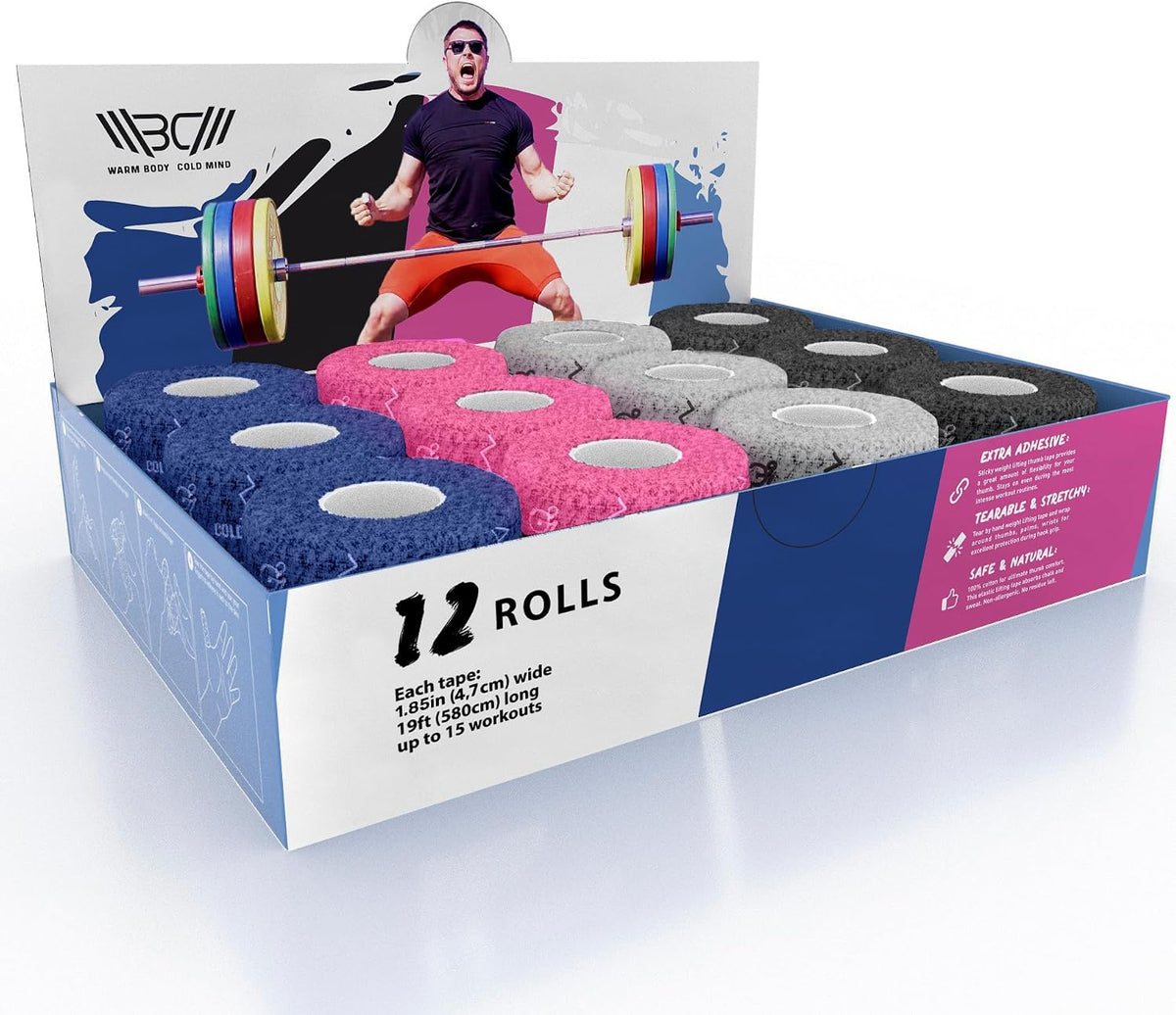 WARM BODY COLD MIND 1.85" Weightlifting Thumb Tape - Hook Grip Tape for Powerlifting, Cross Training, Gym Tape, Workout, Weight Lifting Tape, Athletic Finger Wrap (Mix V1 3 Rolls)