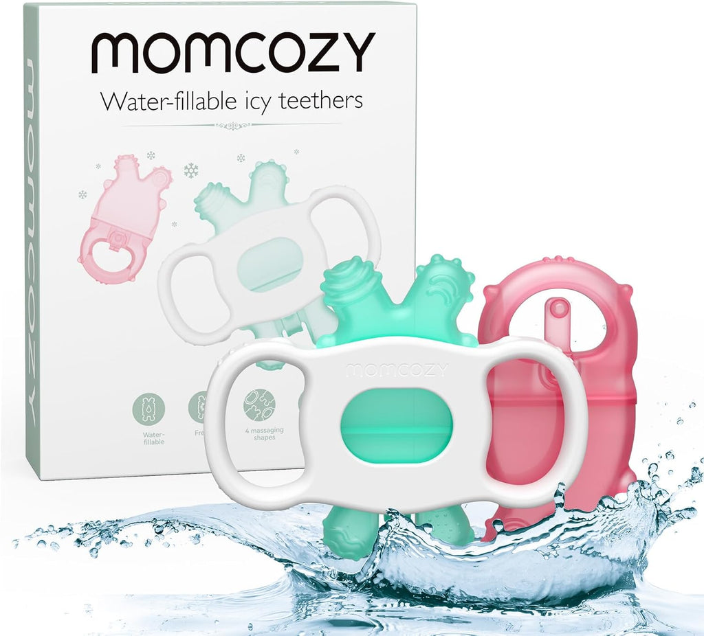 Momcozy Baby Teether Toys | Food Grade Silicone Teething Relief 0-6 Months | Toy 6-12 Months | Baby Essential | Green and Pink