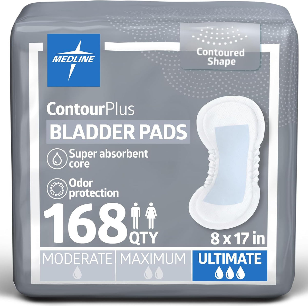 Medline ContourPlus Bladder Control Incontinence Pads, Moderate Absorbency, 5.5" x 10.5", 28 Count