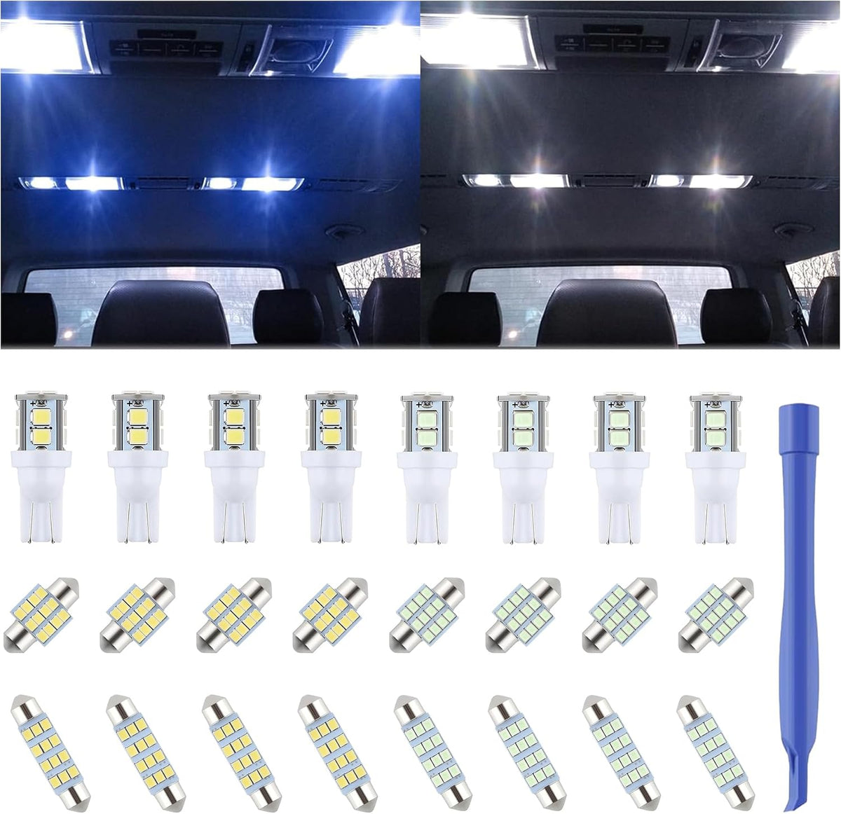 iFunyLED 24 Pieces Dome Light LED Car Interior Bulb Kit Set 194 T10 DE3175 578 31mm 42mm Bulbs Interior Replacement Lights for Car Map License Plate Door Side Marker Cornering Trunk Light - White