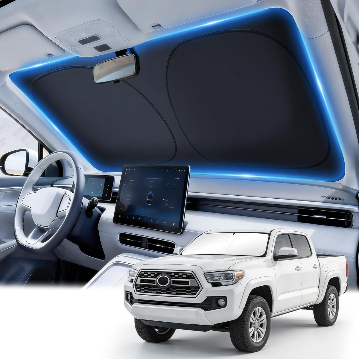 JUSTTOP 300T Car Windshield Sun Shade, Universal Foldable Reflective Sun Shade with Storage Bag, Car Interior Accessories, Fit for Cars Trucks SUVs(63" L x 35" W)