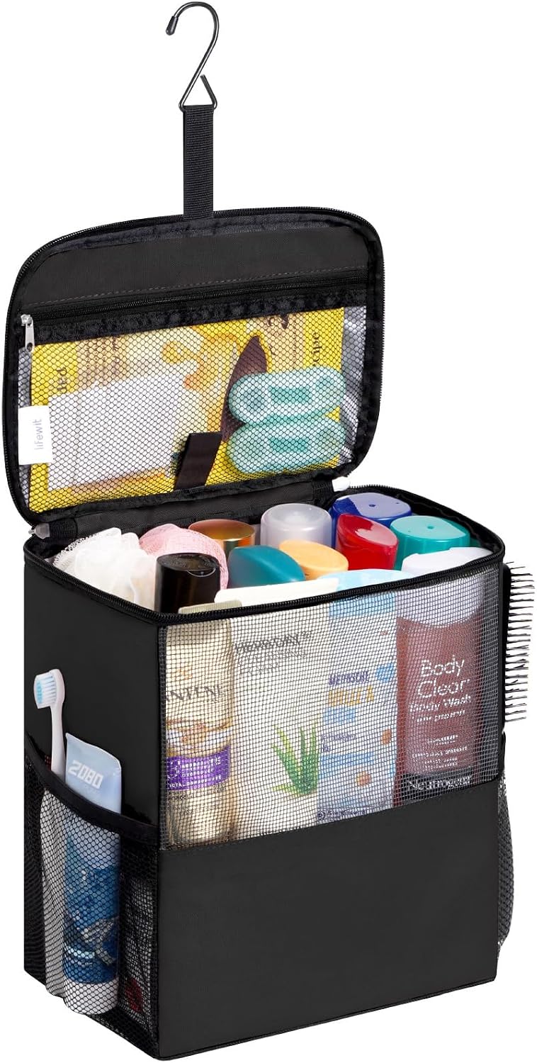 Lifewit Shower Bag Mesh Shower Caddy Portable College Dorm Room Essentials Tote Bag for Bathroom, Gym, Travel, Camping Quick Dry Hanging Shower Organizer Basket Toiletry Bag, Medium, Black