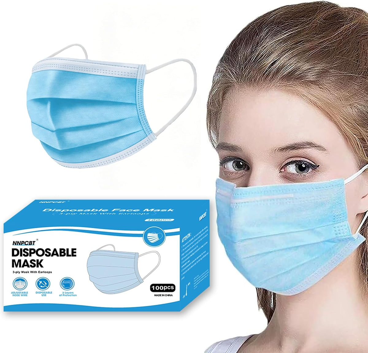 NNPCBT Blue Disposable Face Masks 100 Pack,Mask for Adults Outdoor Indoor