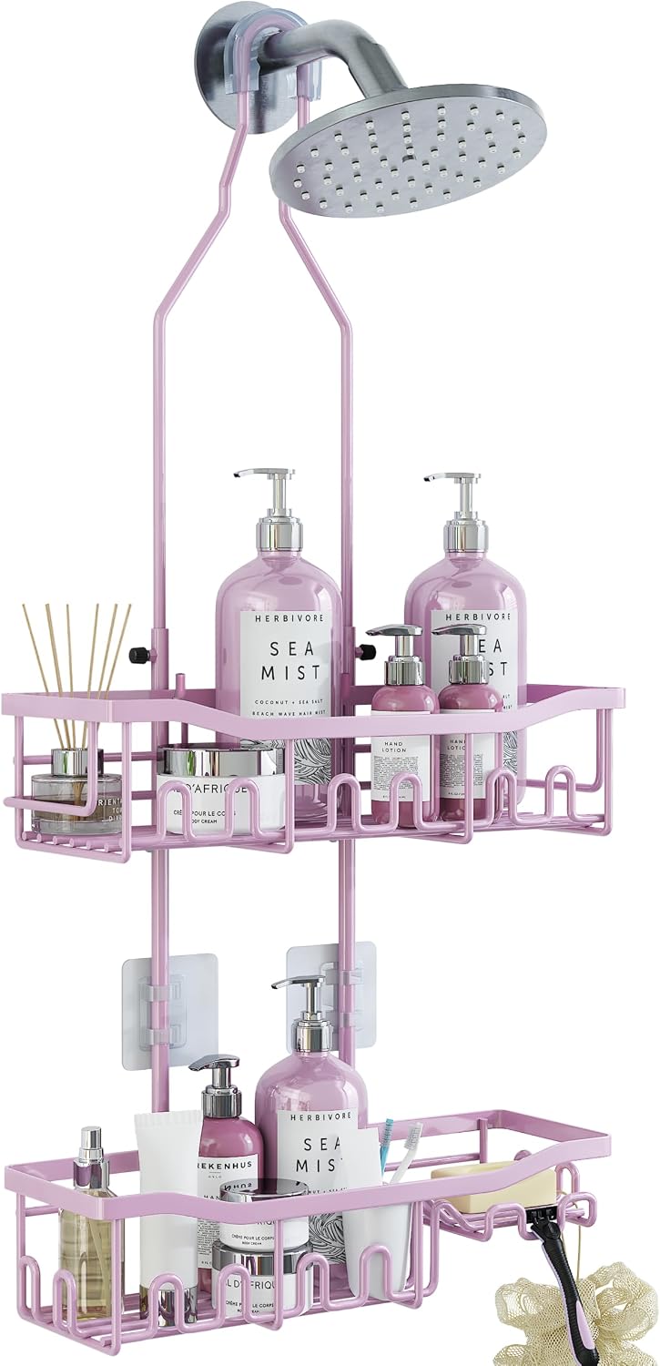 Upgraded Extended Length Shower Organizer with Hooks, Rustproof Shampoo Soap Holder, Large Hanging Bathroom Caddy