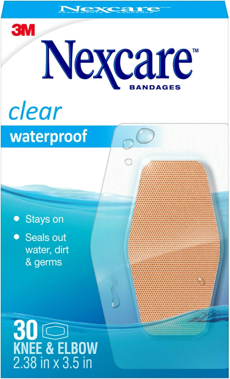 Nexcare Waterproof Clear Bandages For Knee And Elbow, Stays On Skin In The Bath, Shower Or Pool, 2.38 x 3.5 in, 30 Count