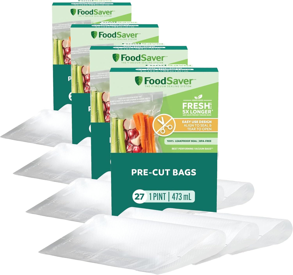 FoodSaver Quart Pre-Cut Vacuum Seal Bags, Easy Use Vacuum Storage Bags, Align to Seal and Tear to Open Vacuum Sealer Storage Bags, 43 Pack