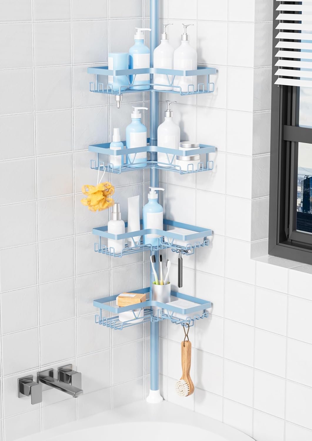 KEGII Corner Shower Caddy Tension Pole, Large Capacity Bathroom Organizer