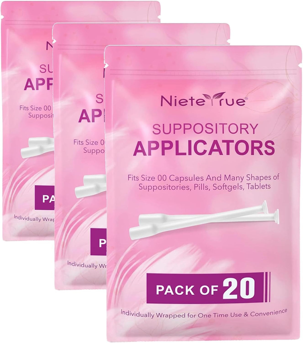 Nieteyrue Disposable Suppository Applicators Individually Wrapped Hygienic Fit to Size 00 Cap-sules and Many Shapes of Suppositories, Tablets Feminine Care Applicators from (20 Counts)