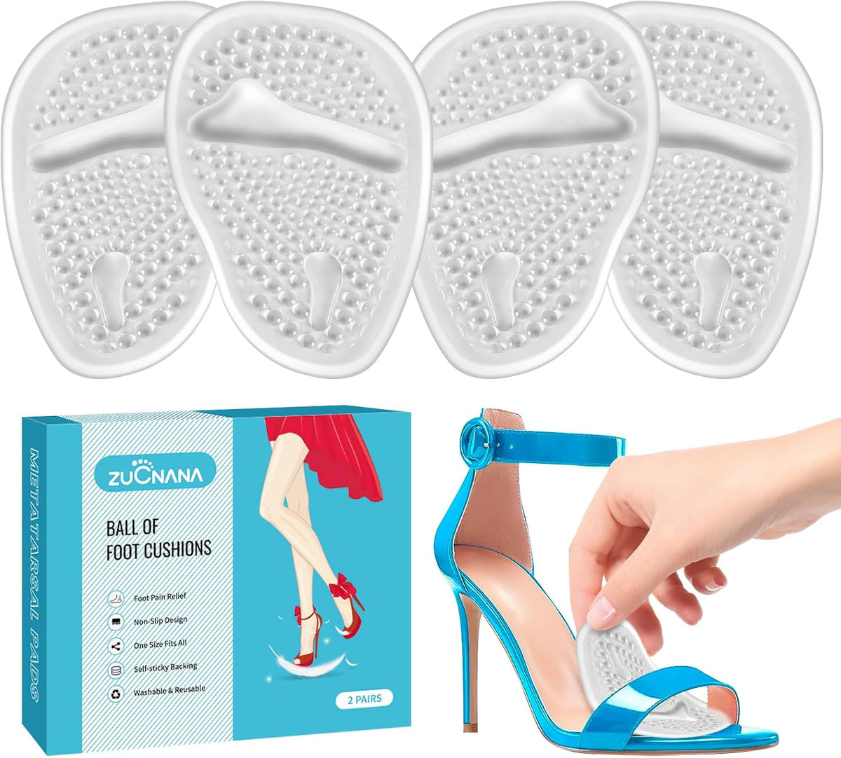 ZUCNANA Ball of Foot Cushions, Gel Shoe Inserts Heel Inserts Women 2 Pairs