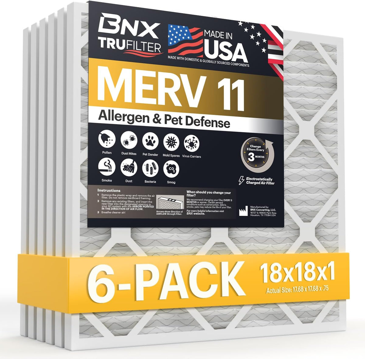 BNX TruFilter 20x20x1 Air Filter MERV 11 (6-Pack) - MADE IN USA - Allergen Defense Electrostatic Pleated Air Conditioner HVAC AC Furnace Filters for Allergies, Dust, Pet, Smoke, Allergy MPR 1200 FPR 7