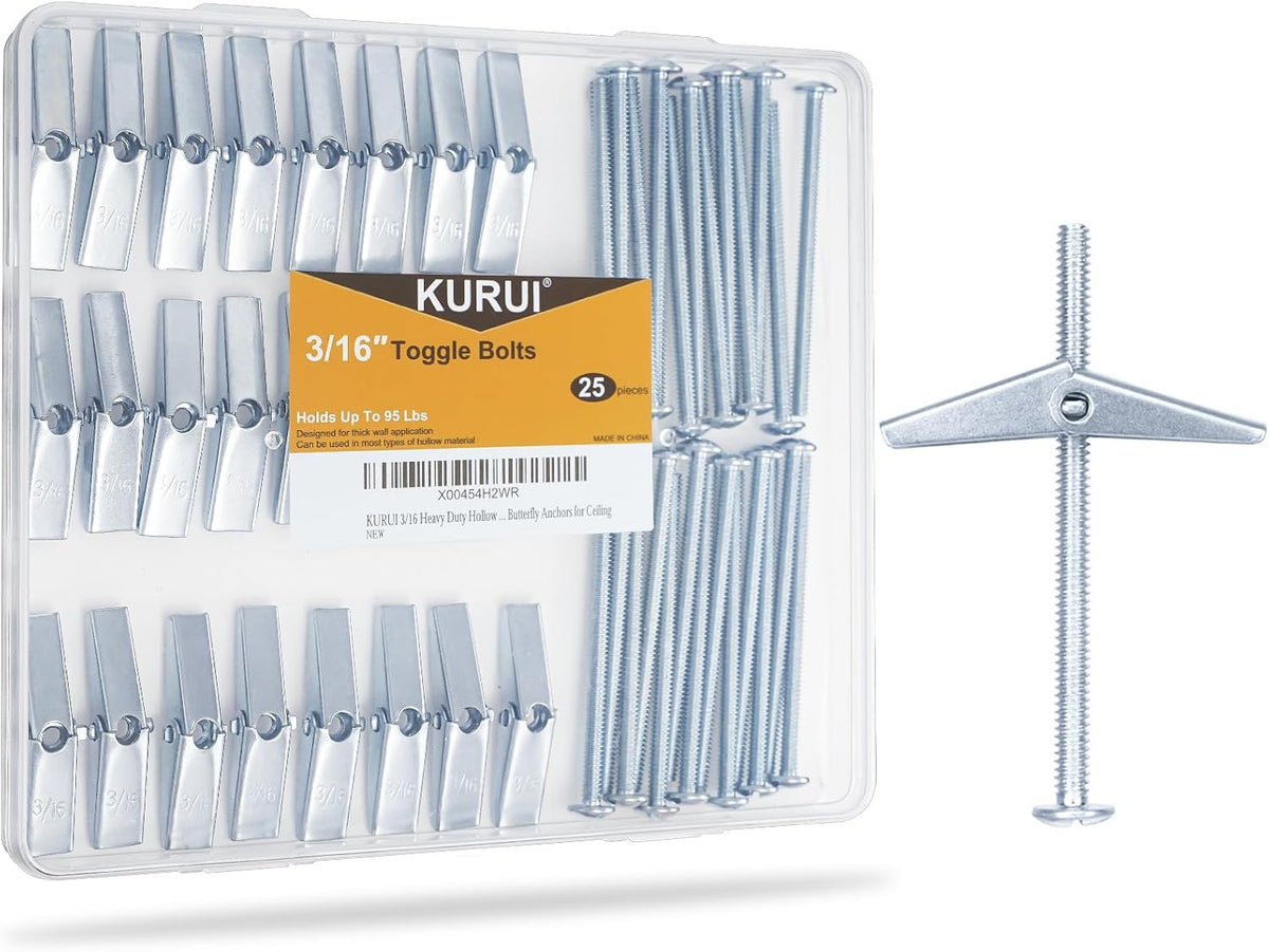 KURUI Drywall Anchors Assortment Kit With Self Drilling Wall Anchors and Heavy Duty Toggle Bolts, Metal/Plastic Dry Wall Anchors for Hanging Picture Art, 164Pcs Butterfly Anchor and Screws for Ceiling