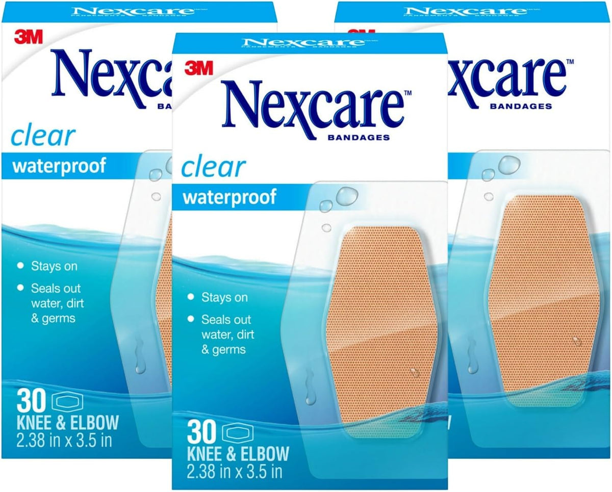 Nexcare Waterproof Clear Bandages For Knee And Elbow, Stays On Skin In The Bath, Shower Or Pool, 2.38 x 3.5 in, 30 Count
