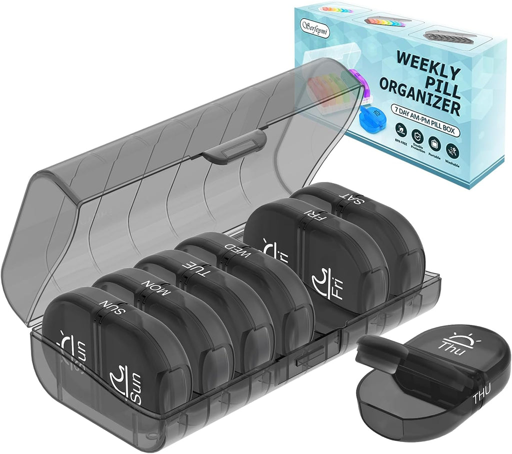 Serfeymi Weekly Pill Organizer 2 Times a Day AM PM Travel Pill Box 7 Day