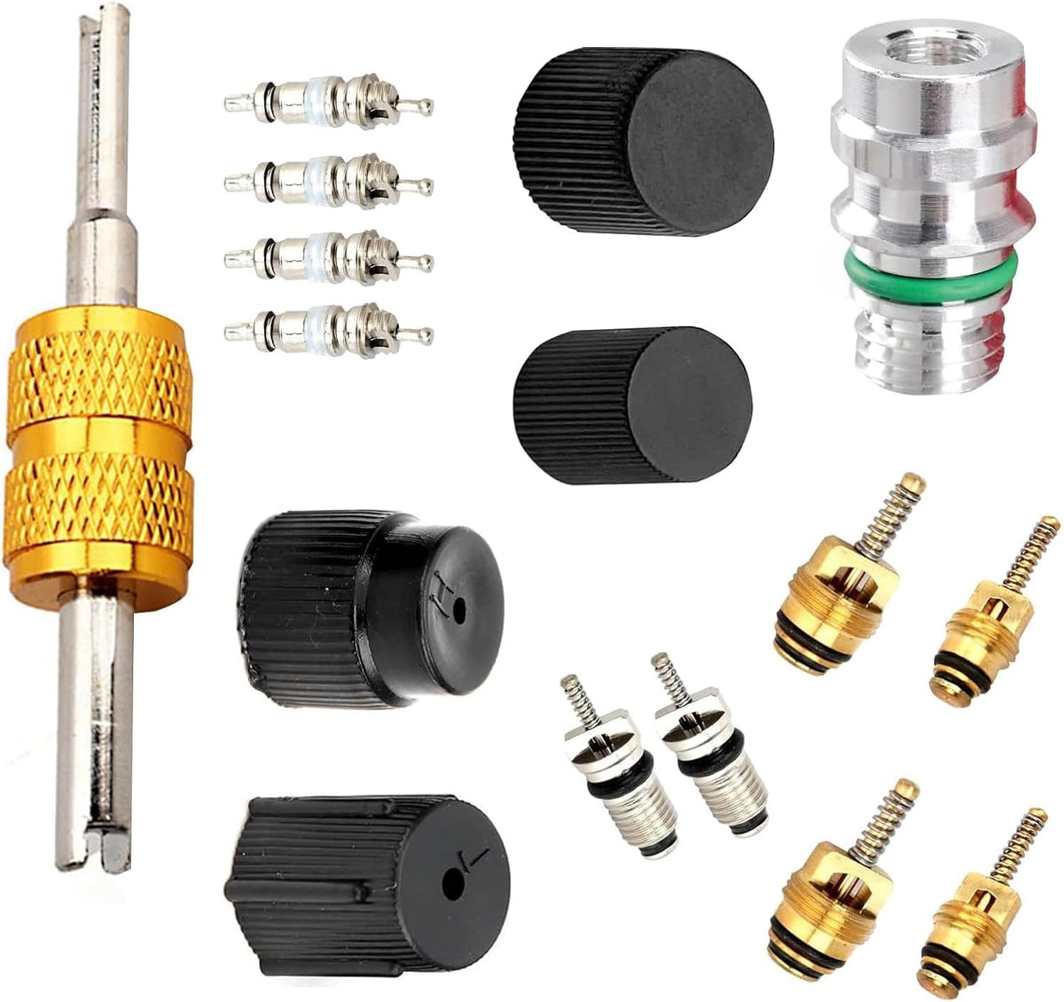 Downhill 16 PCS Air Condition Valve Core Kit, R134A A/C Ducts Pressure Caps and Service Valves, Universal AC System Charging Port Maintain Accessories, for Most Cars, Trucks, SUVs (Black)
