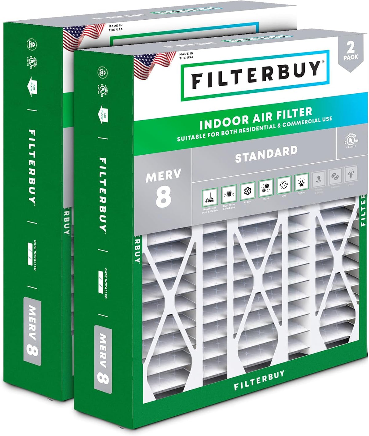 Filterbuy 20x25x5 Air Filter MERV 8 Dust & Allergy Defense (2-Pack)