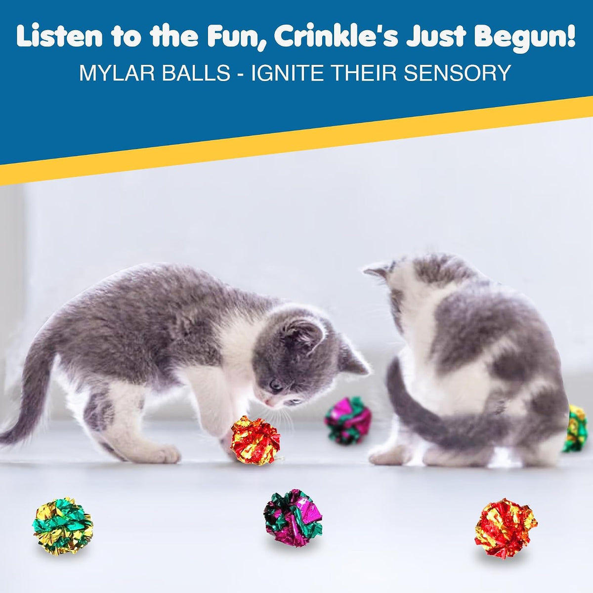 SunGrow Cat Crinkle Balls, Shiny, Mylar Crinkler, Stress-Relief Toy for Kittens, Interactive & Engaging, Keeps Grown-up Cats Active, Encourages Multi-cat Play, Provides Endless Entertainment, 6 Pcs