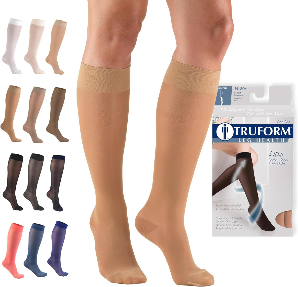 Truform Sheer Compression Stockings, 15-20 mmHg, Women's Knee High Length, 20 Denier, Nude, Medium